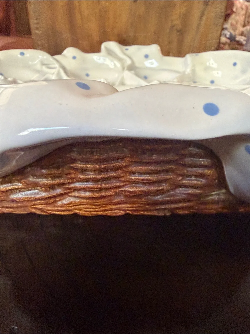 Vintage Ceramic Egg Tray with Blue Polka Dots and Basket motif